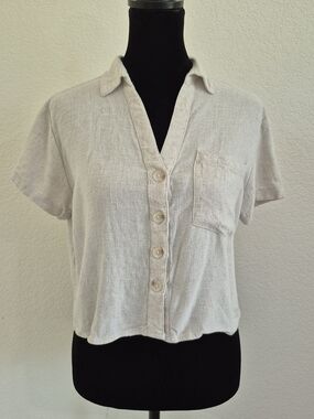 Love Notes Light Beige Button-Front Short Sleeve Shirt